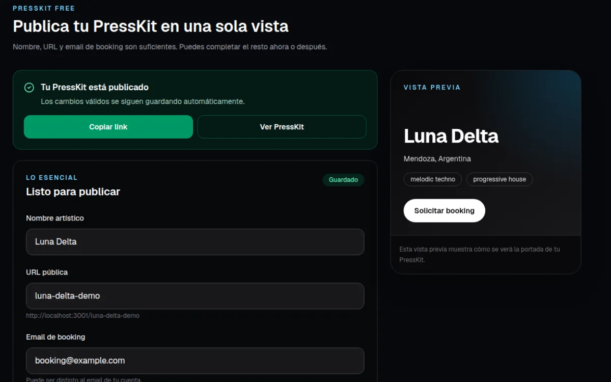 Editor gratuito de NeoTrax con los datos esenciales de un PressKit para DJ