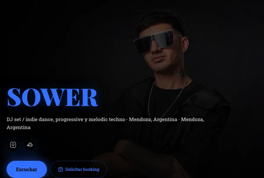 PressKit público de artista con secciones de presentación, música y contacto
